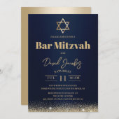 Joodse Bar Mitzvah Modern Navyblauw & Goud Kaart (Voorkant / Achterkant)
