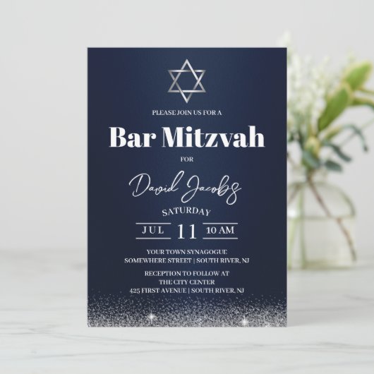 Joodse Bar Mitzvah Star van David Modern Navy Blue Kaart (Staand voorkant)