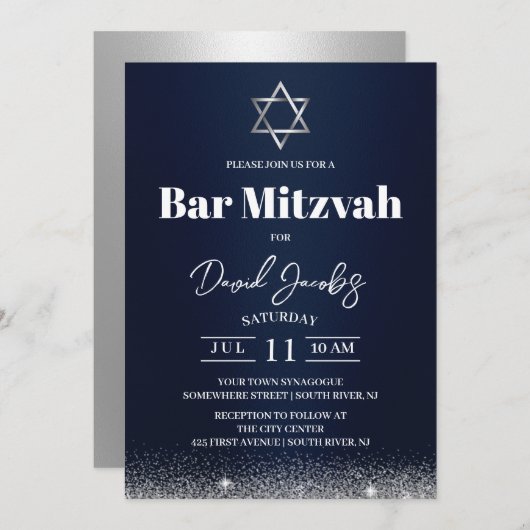 Joodse Bar Mitzvah Star van David Modern Navy Blue Kaart (Voorkant / Achterkant)