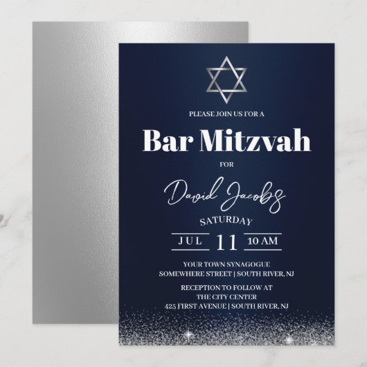 Joodse Bar Mitzvah Ster van David Modern Navyblauw Kaart (Voorkant / Achterkant)