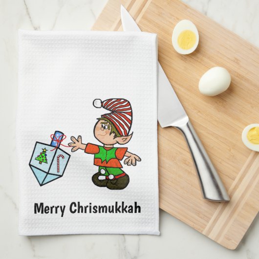 Joodse Elf met Dreidel Chrismukkah Kitchen Towel Theedoek (Quarter Fold)