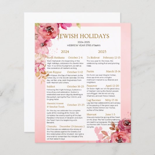 Joodse feestdag kalender 2024 2025 Roze bloemen (Voorkant / Achterkant)