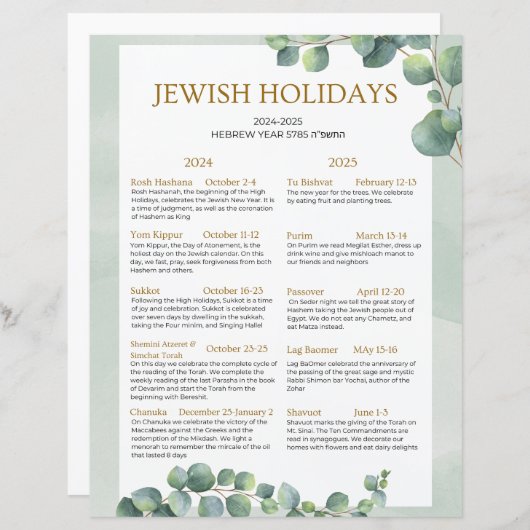 Joodse feestdag kalender 2024 2025 Sage Green (Voorkant / Achterkant)