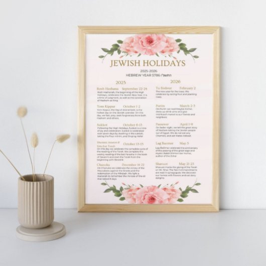 Joodse feestdag kalender 2025 2026 Perzik bloemen Poster