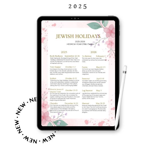 Joodse feestdag kalender 2025 2026 Roze bloemen 57 Poster