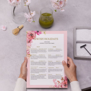 Joodse Feestdagenkalender 2025 2026 Roze bloemen   Poster
