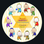 Joodse Holiday Star Kinder Ronde Sticker<br><div class="desc">Dit ontwerp is geschikt voor elke joodse feestdag (wel,  behalve snelle dagen zoals Jom Kippur) en heeft een grote davidster met namen van verschillende joodse feestdagen in het centrum. Rondom de Star zijn gestileerde,  kleurrijke kinderen in een geschikt vakantiegewaad. Feestelijk en leuk.</div>