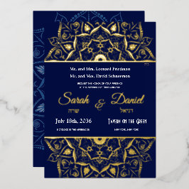 Joodse huwelijksuitnodiging Gold Mandala op blauw Folie Uitnodiging