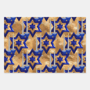 Joodse kandelaars-en-stars-SET-3 Inpakpapier Vel
