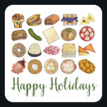 Joodse keuken-Cuisine Prettige feestdagen Dinner Vierkante Sticker<br><div class="desc">Design bevat een originele illustratie van een assortiment van populaire voedingsmiddelen in joodse keuken, zoals babka, bagel met roomkaas en lox, rugelach, blauwbesblintzes, hamantash, reuben sandwich, kosher dill pickle, matzah, spinazie knish, shakshuka, all bagel, coconut maaroon, Israëlische salad, bougel; rekas , brisket , sluitingen met zure crème , matzo ball...</div>