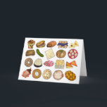 Joodse kookCuisine Holiday Dinner Foods Print Kaart<br><div class="desc">Design bevat een originele illustratie van een assortiment van populaire voedingsmiddelen in joodse keuken, zoals babka, bagel met roomkaas en lox, rugelach, blauwbesblintzes, hamantash, reuben sandwich, kosher dill pickle, matzah, spinazie knish, shakshuka, all bagel, coconut maaroon, Israëlische salad, bougel; rekas , brisket , sluitingen met zure crème , matzo ball...</div>