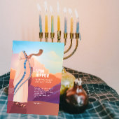 Joodse man die op de Shofar ramshoorn blaast als g Kaart