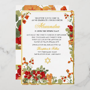 Joodse meisjesnaam Baby Naming Rood Modern Bloemen Folie Uitnodiging