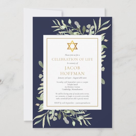 Joodse rouwdienst viering van het leven groen blau kaart (Voorkant)