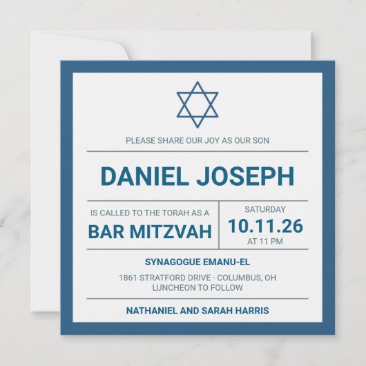 Joodse ster blauw ingelijst Bar Mitswa Uitnodiging (Voorkant)