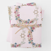 Joodse ster van David Elegant Roze Bloemen Inpakpapier Vel (In situ)