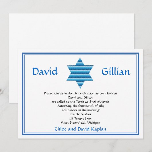 Joodse ster van David Twins Bar Mitzvah Uitnodigin Kaart (Voorkant / Achterkant)