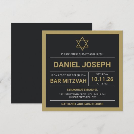 Joodse ster zwart ingelijst Bar Mitswa Uitnodiging (Voorkant / Achterkant)