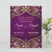 Joodse trouwkaart Gouden Mandala op Paars (Staand voorkant)