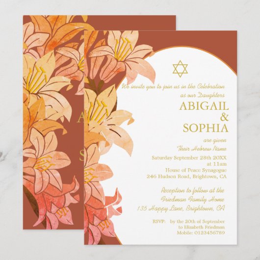 Joodse Twin Meisjes Bloemen Naming Terracotta Hebr Kaart (Voorkant / Achterkant)