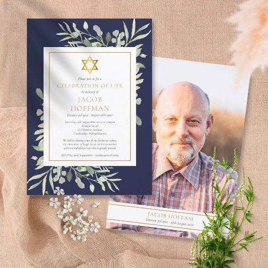 Joodse viering van het leven Navy-blauw blad foto Kaart