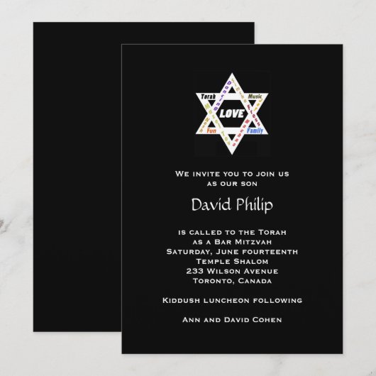 Joodse waarden Zwarte Bar/BBT Mitzvah Uitnodiging (Voorkant / Achterkant)