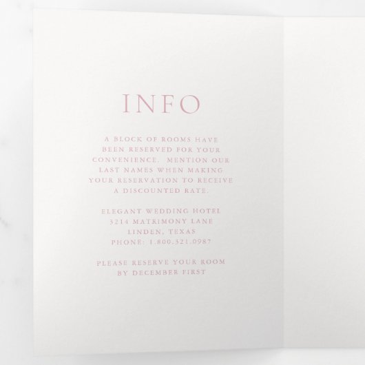 Jordan Bord Roze Script Monogram Elegante bruiloft Drieluik Uitnodiging (Binnenzijde eerst)