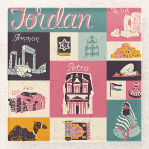 Jordan Culture Retro Geïllustreerde Symbolen Glazen Onderzetter