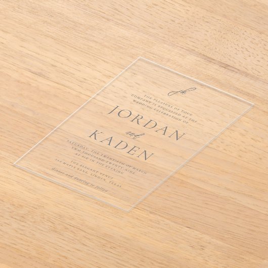 Jordan grijs script monogram elegante bruiloft acryl uitnodigingen (Laagn)