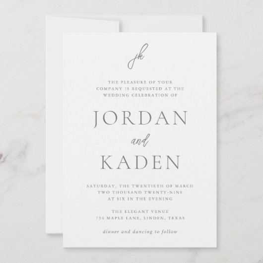 Jordan grijs script monogram elegante bruiloft kaart (Voorkant)