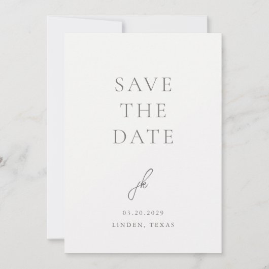 Jordan grijs script monogram elegante bruiloft save the date (Voorkant)
