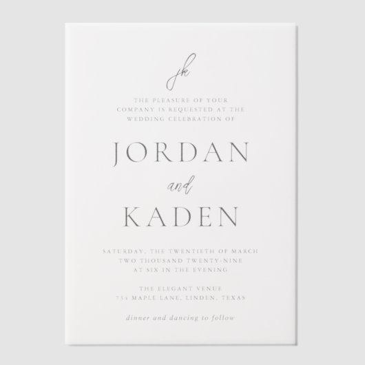 Jordan grijs script monogram elegante bruiloft vellum uitnodigingen (Voorkant)