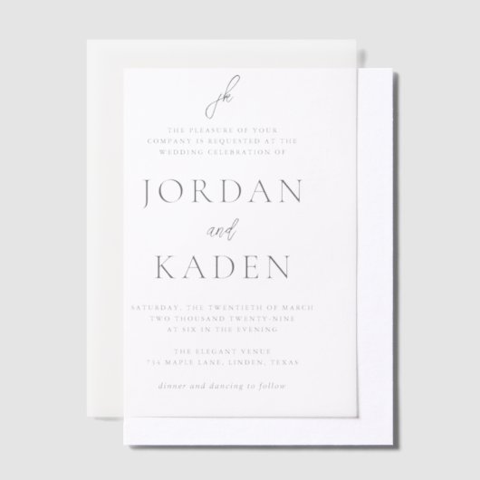 Jordan grijs script monogram elegante bruiloft vellum uitnodigingen (Offset)