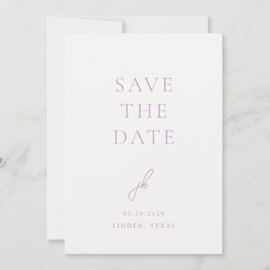 Jordanië Lila Script Monogram Elegante bruiloft Save The Date (Voorkant)