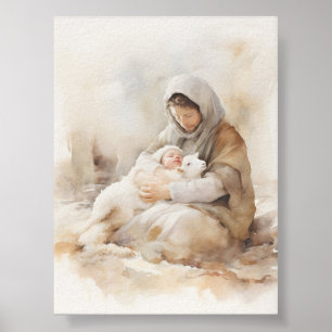 Joseph Holding Lamb and Baby Jesus Waterverf Art Poster