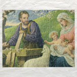 Joseph's Workshop met Mary en Baby Jesus Legpuzzel<br><div class="desc">illustratie van religieus ontwerp met Joseph's workshop met de Maagd Mary en een baby Jezus Christus die een lammetje voedt.</div>