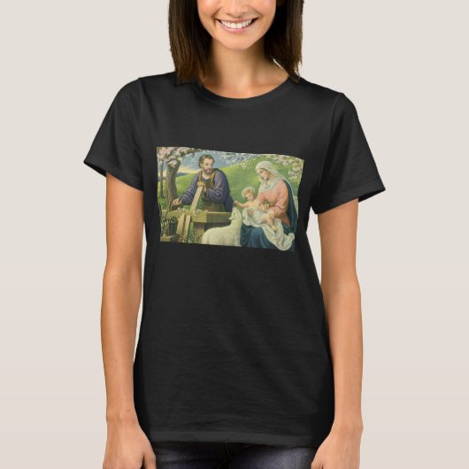 Joseph's Workshop met Mary en Baby Jesus T-shirt (Voorkant)
