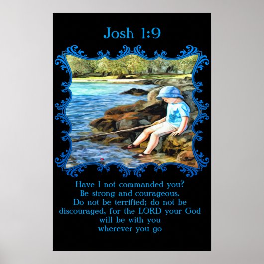 Josh 1:9 Baby jongen die in de rivier vist. Poster (Voorkant)