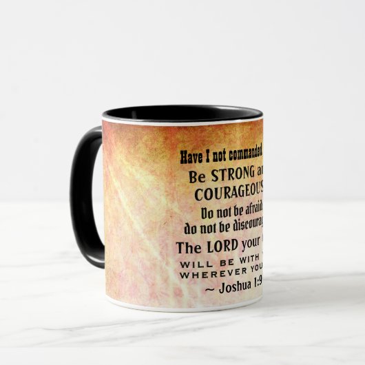 Joshua 1:9 Wees sterk en moedig, bijbelse versie Mok (Voorkant links)