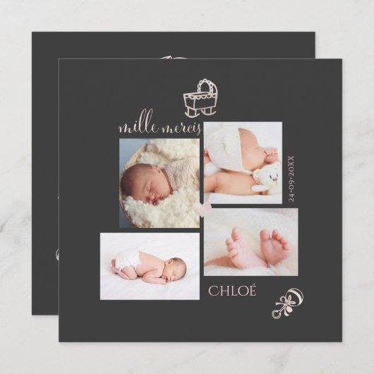 Jouets Roos Pâle Remerciement Naissance Fille kaar Kaart (Voorkant / Achterkant)