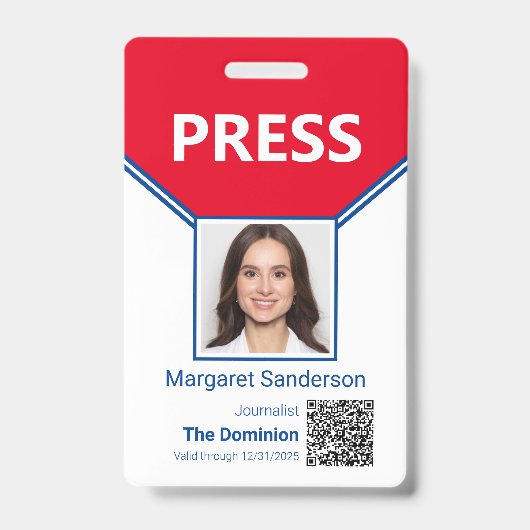 Journalist Foto-ID en QR Code Press Badge (Voorkant)