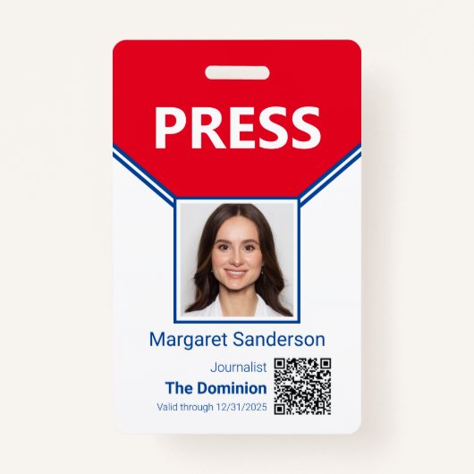 Journalist Foto-ID en QR Code Press Badge (Voorkant)