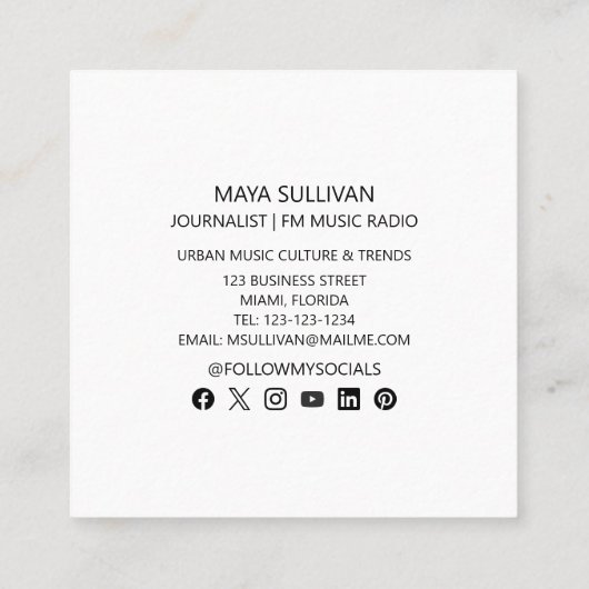 Journalist Muziek Radio Professionele Foto Vierkante Visitekaartje (Achterkant)