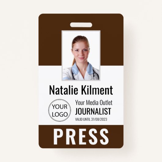 Journalist Pass Foto Naam Logo ID Bruin Badge (Voorkant)
