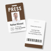 Journalist Pass Foto Naam Logo ID Bruin Badge (Voor- en achterkant)