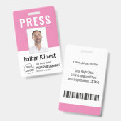Journalist Pass Foto Naam Logo ID Roze Badge (Voor- en achterkant)