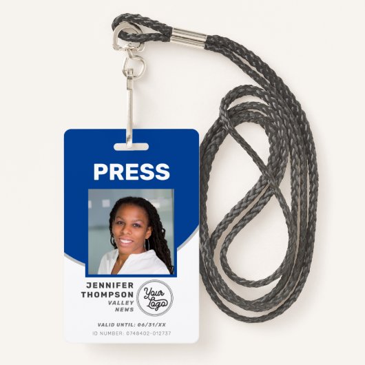 Journalist Press Pass Blauw-wit Foto-ID Badge (Voorkant met draagriem)