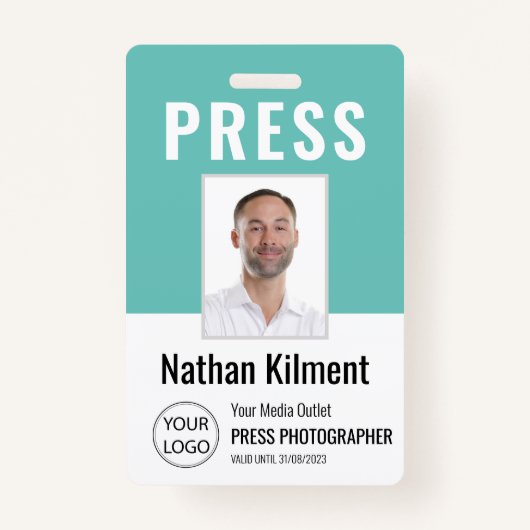 Journalist Press Pass Photo Name Logo ID Blauwgroe Badge (Voorkant)
