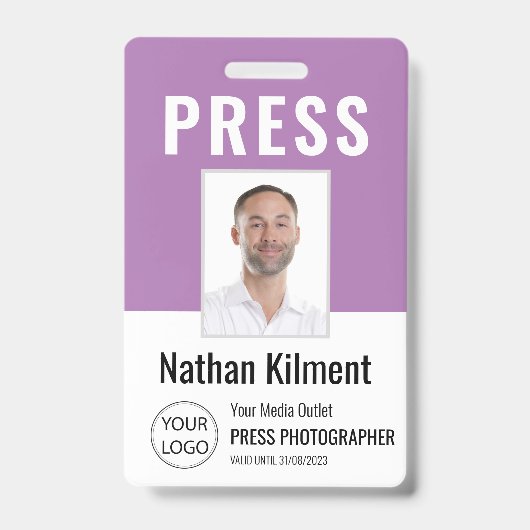 Journalist Press Pass Photo Name Logo ID Paars Badge (Voorkant)
