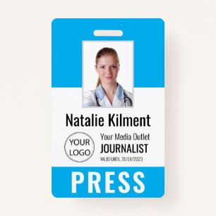 Journalist Press pass Photo Name Logo ID Sky Blue Badge